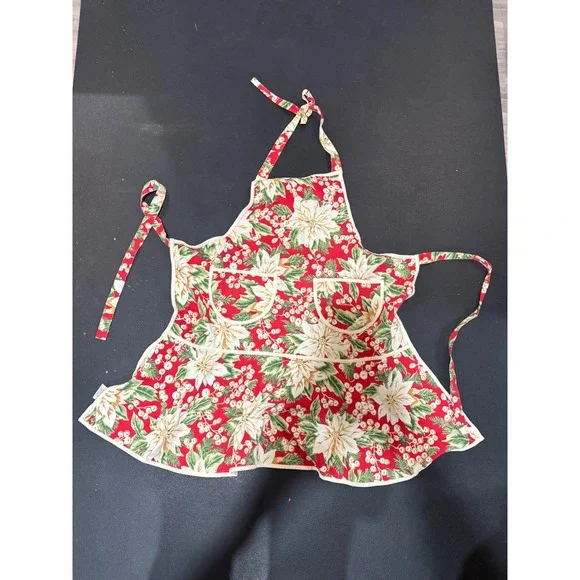 Christmas‎ Poinsettia Floral Cotton Ruffle Apron Red White Green Holiday Hosting