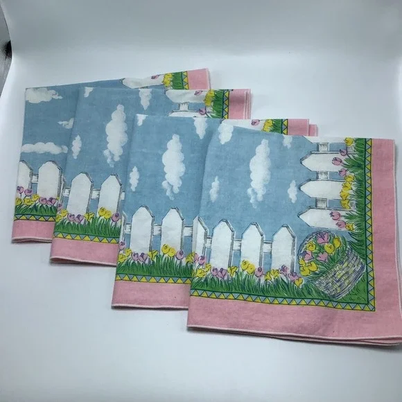 Tobin Easter Meadow Fabric Napkins Set of 4‎ Spring Scene White Picket Fence VTG