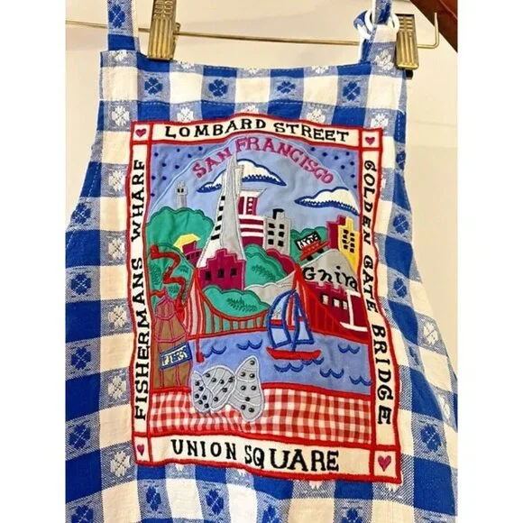 Rare Vtg‎ San Francisco Landmarks Sites Embroidered Checkered Blue White Apron