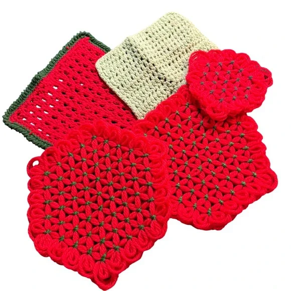 Handmade Crochet Christmas Potholder Trivet Lot Red Green Holiday‎ Floral