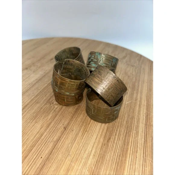 Vintage Copper Set of‎ 6 Embossed Solid Copper Napkin Rings Tooled Rattan