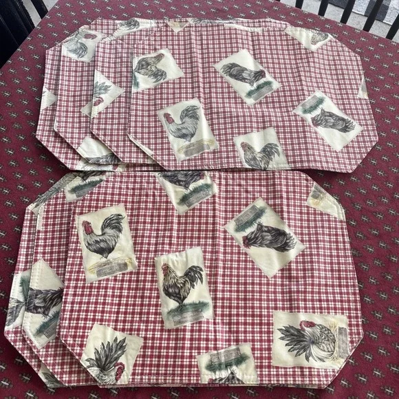 Chicken Rooster Vinyl Placemats Country Farmhouse Rustic Set Of‎ 8 Red Check