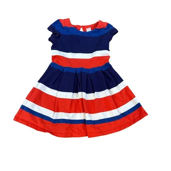 Gymboree Striped Dress Kids Blue‎ Red White Short Sleeve Pleated SIZE 7