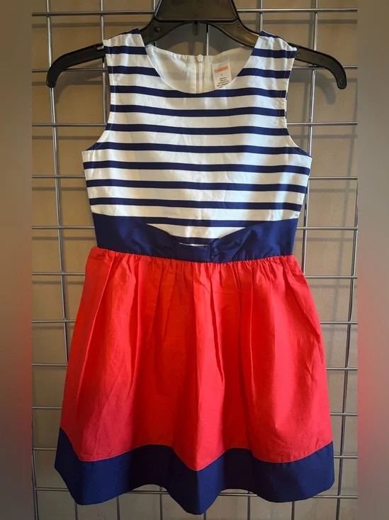 Gymboree Navy, White & Red Striped Waist-Bow Girls Dress Sz 8 Modest