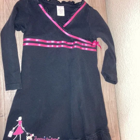Gymboree Black Shopping the Avenue Dress 4 Pink Trim Vintage Long Sleeve Cotton