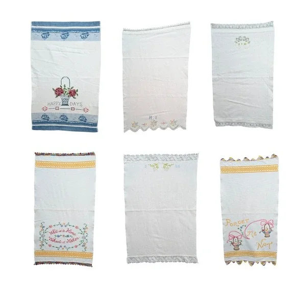 Vintage Lof of‎ 6 Embroidered Hand Towel Linen Floral Lace Trim Kitchen Boho