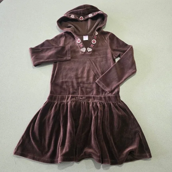 Gymboree‎ Girls Brown Velour Hooded Dress Hearts Embroidery Size 8 0905