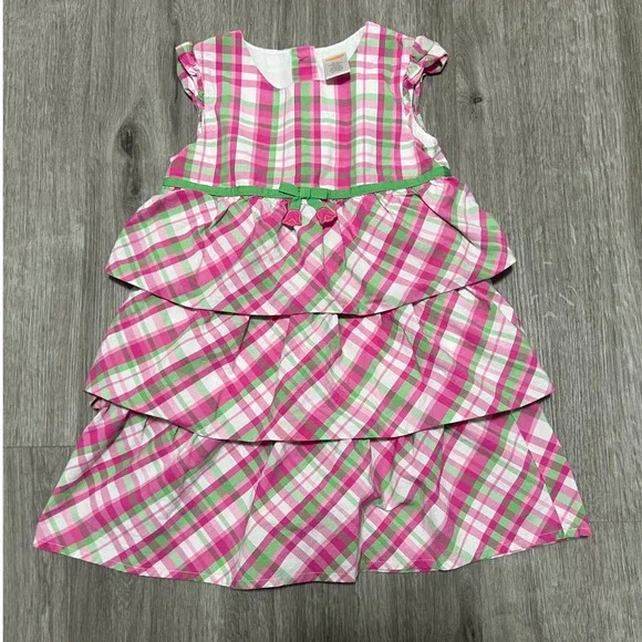 Gymboree Girls Bright Tulip‎ pink and green plaid tiered dress, 100% cotton, 4T