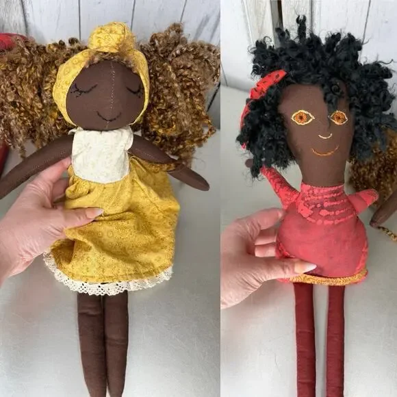 Handmade African American Black Cloth Rag Dolls Set Of 2 Toys Nursery Decor