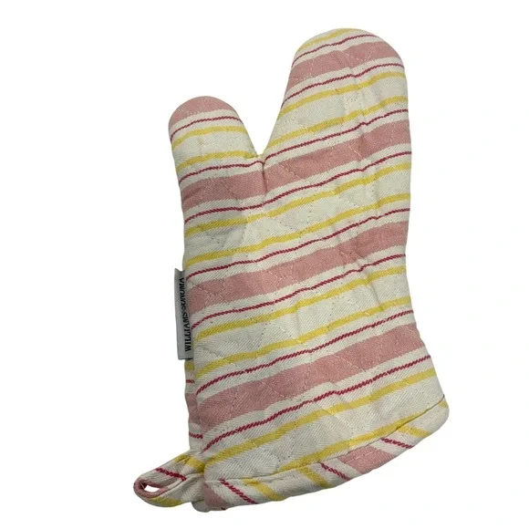 Williams Sonoma Pink Yellow Striped Quilted Cotton Oven Mitt Made in USA