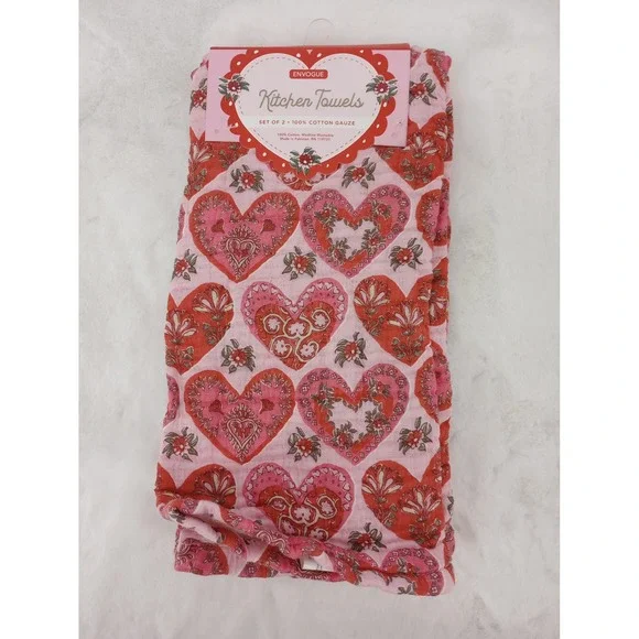 ENVOGUE‎ KITCHEN TOWELS COTTON GAUZE HEARTS FLORAL PINK 18X28