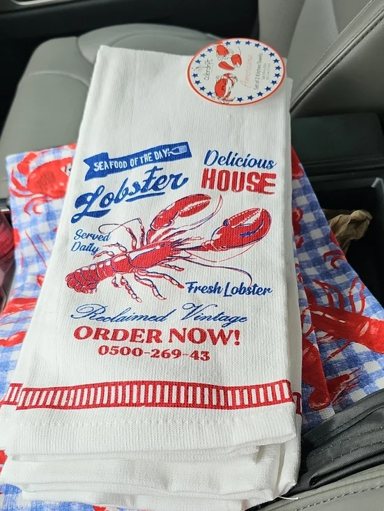 NWT White Lobster Kitchen Towel with Red & Blue Nautical Print,set of 2