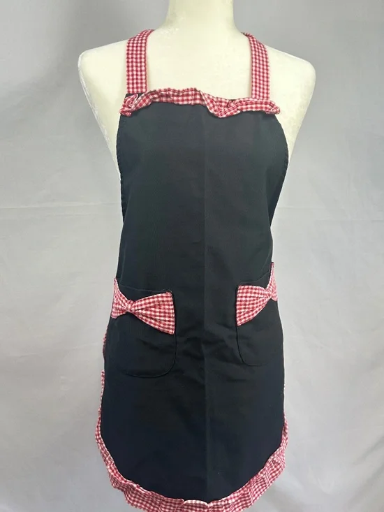 Women's Black Bib Apron with Red and White Checkered Trim, Size S-M, Tie Closure