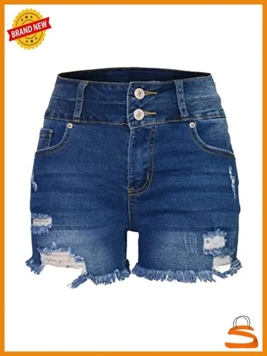 High Waisted Stretchy Mom Jean Shorts with Distressing Frayed Hem Two Buttons