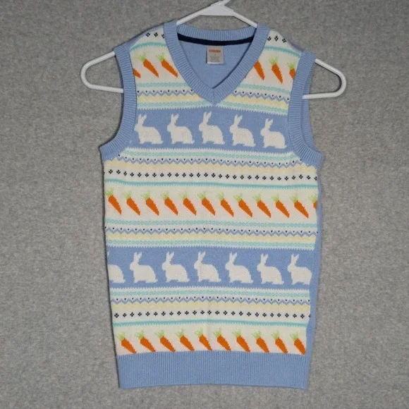 Gymboree Sweater Vest Kids Size 8 Blue Bunny Carrot Easter Knit Preppy Festive