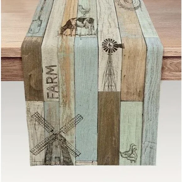 Table Runner 13x72in Woven Polyester Rustic Farmhouse Striped Farm Cow