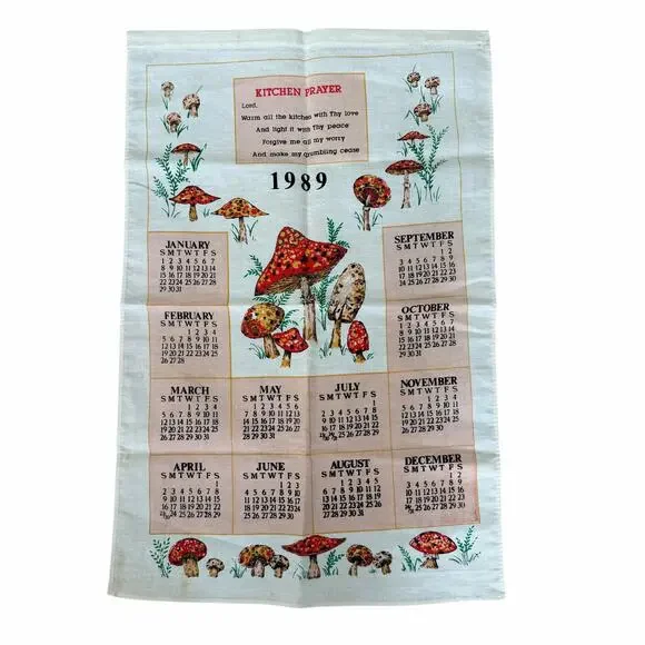 Vtg 1989 Linen Calendar Towel Mushrooms Kitchen Prayer Wall Hanging Tea