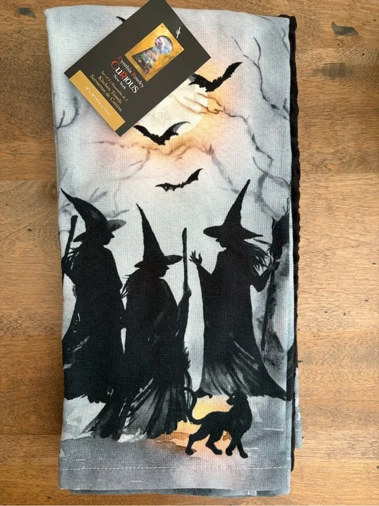 Halloween Towels 3 Witches Moonlight Sky Black Cat 3 pk NWT