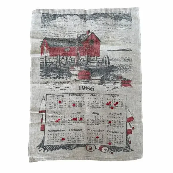 Vtg 1986 Linen Calendar Tea Towel Red Boat House Coastal Cottage Kitchen Decor