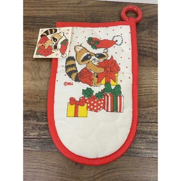 Vintage Britches Cartoon Raccoon Oven Mitt With Tag Christmas Presents Santa Hat