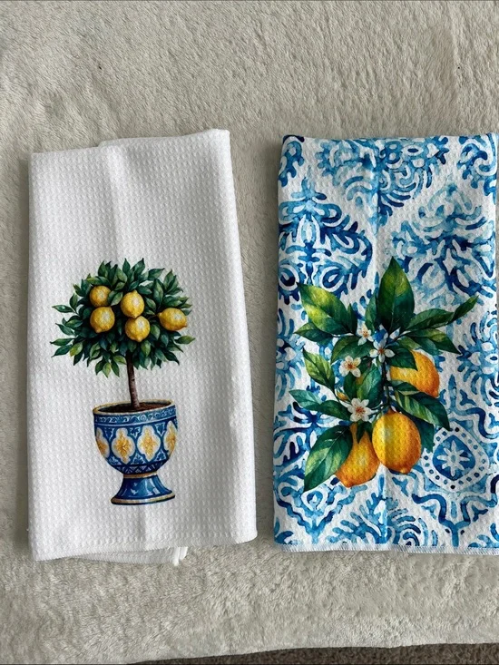 Lemon Tree Decorative Kitchen Towels - White & Blue Set