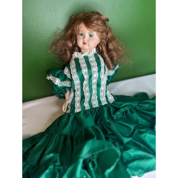 Vintage Porcelain Doll Emerald Green Satin Lace Victorian Dress Auburn Hai