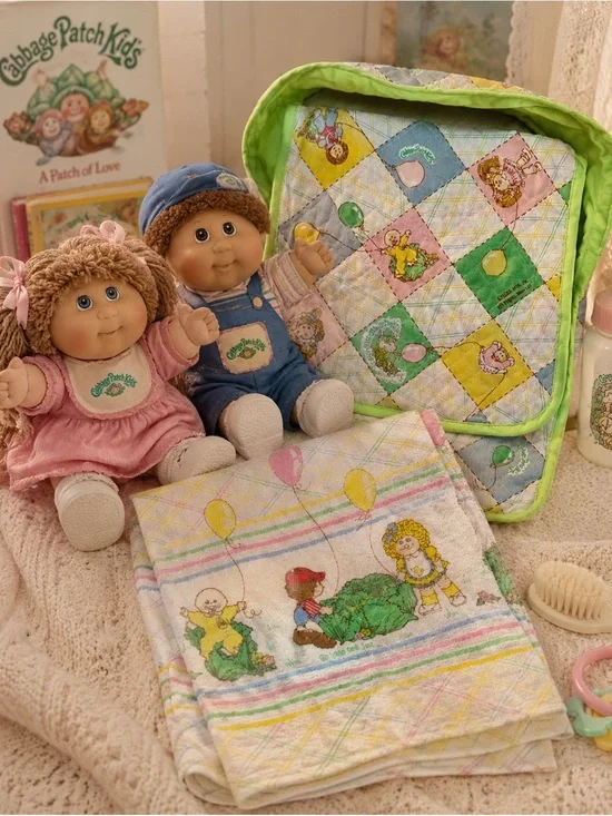 Vintage 1983 Cabbage Patch Kids Quilted Doll Diaper Bag & Receiving Blanket Set