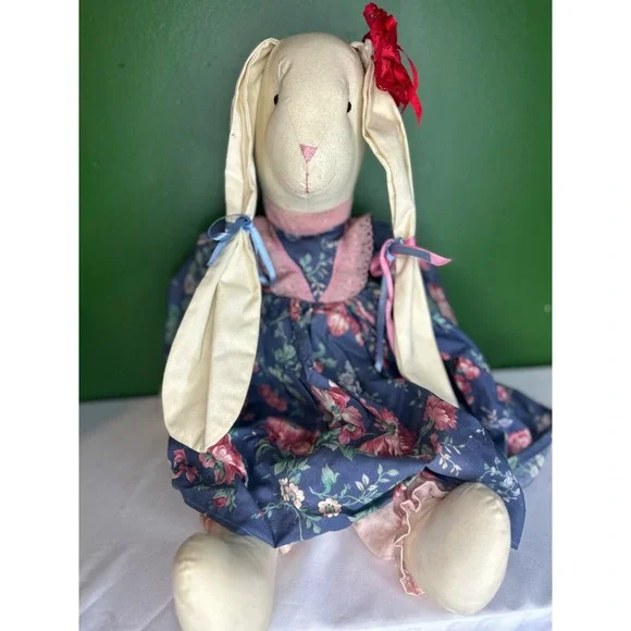 Vintage Handmade Cloth Rabbit Doll Floral Dress Lace Bloomers Primitive 22 Inch