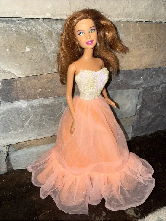 Barbie brunette/red hair earrings wearing Vinatge white peach formal dress