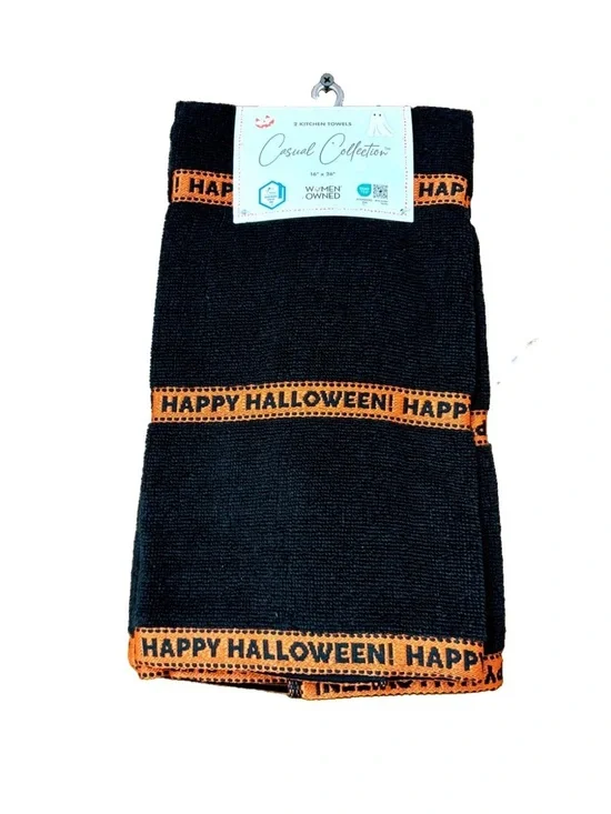 HAPPY HALLOWEEN KITCHEN TOWELS SET OF 2 PLUSH BLACK ORANGE ELEGANT ABSORBENT HTF