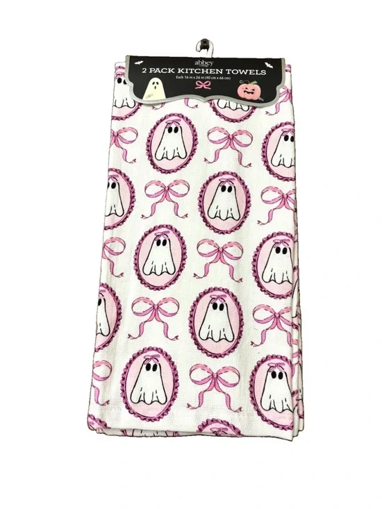 HALLOWEEN KITCHEN TOWELS SET OF 2 SWEET BABY GIRL GHOSTS BOWS BAMBOO COTTON HTF
