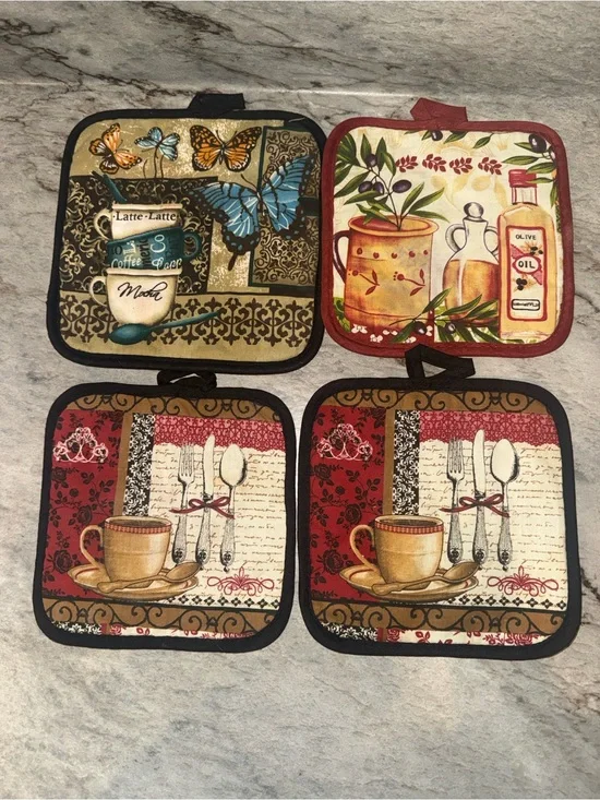 Kitchen Cotton Pot Holders Set - Printed Coffee & Olive Designs, 4-Pack