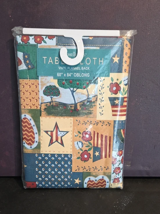 Patriotic Patchwork Vinyl Flannel Tablecloth - Stars & Florals