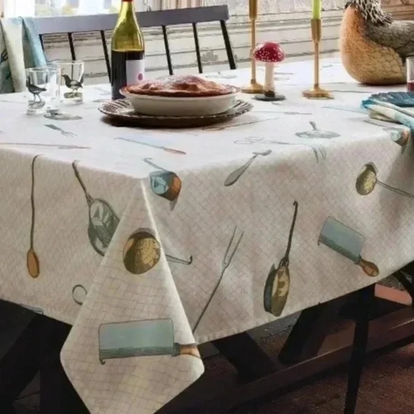 John Derian tablecloth Cutlery Toss Print Rectangle cotton linen New 60in x 84in