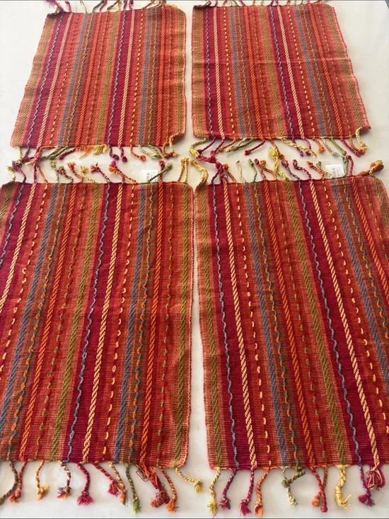 Set of Four Woven Red Stripe Placemats with Fringe