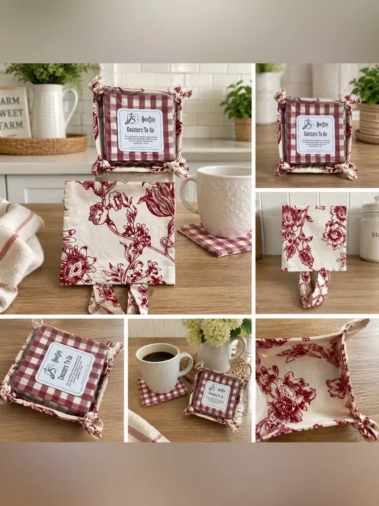 JS HomeStyle Coasters To Go Set Fabric  Coasters Holder Red Floral Gingham NEW