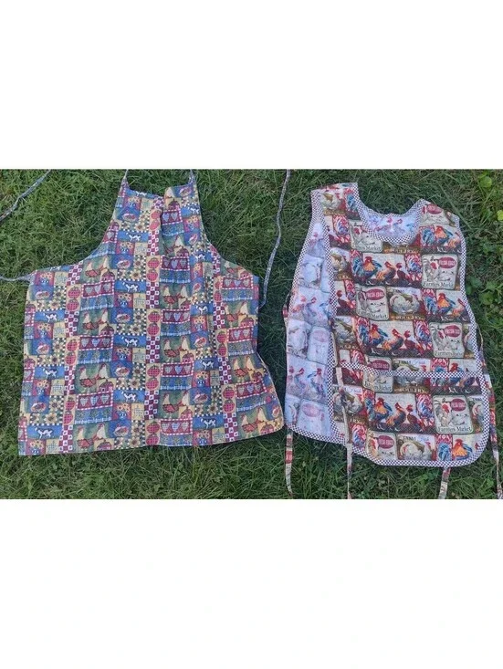 Country Chicken Apron Lot Reversible Farmhouse Rooster Hen Cotton Kitchen Set 2