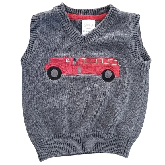 Gymboree Boys Gray Fire Truck Cotton Knit Sweater Vest 12-18 Months Dressed‎ Up