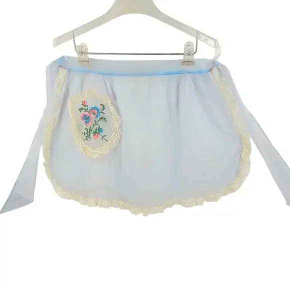 Vintage Blue‎ Hostess Apron 1950s Lace Trim Cottagecore Style Coquette Soft Gitl
