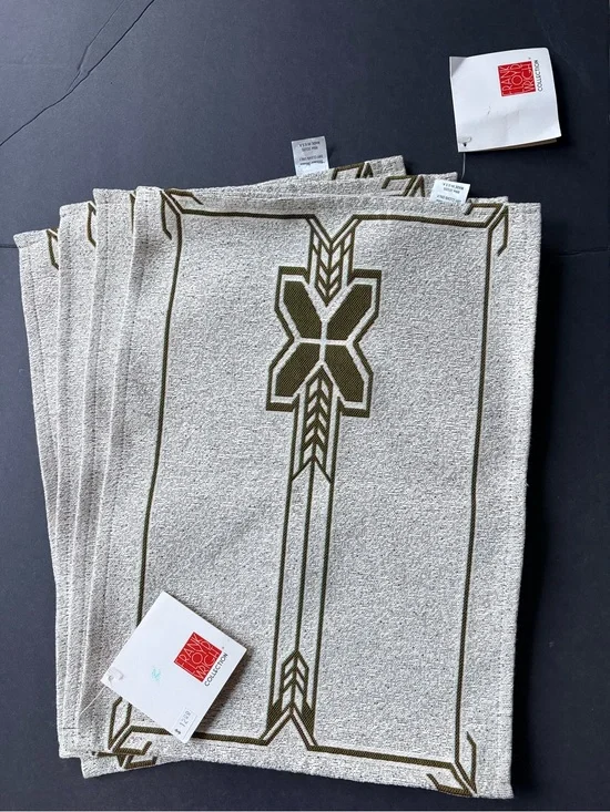 Set of Neutral Linen-Look Placemats with Olive Geometric Border