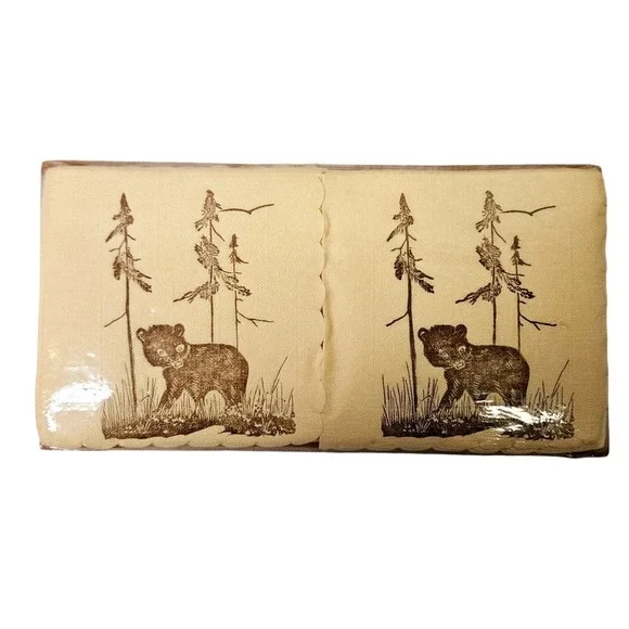 Vintage Cream Brown Bear Pine Forest Rustic Paper Guest‎ Napkins Cabin