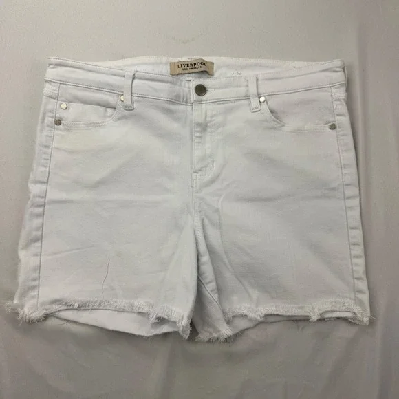 Liverpool Denim Shorts Women 14 Bright White Frayed Hem Stretch Five Pocket