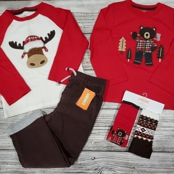 Christmas Holiday Outfit Reindeer Bear Tops Corduroy Pants Socks NWT