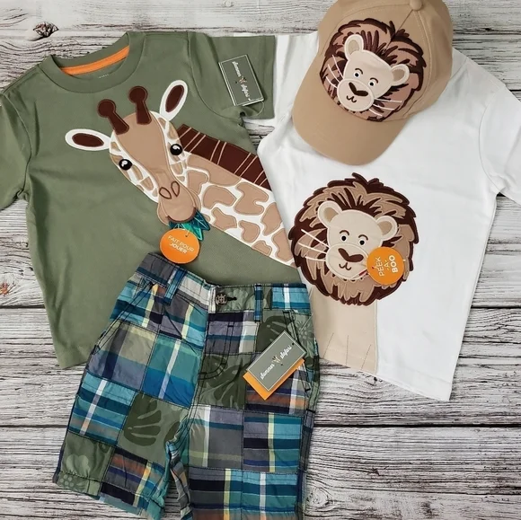 NEW Gymboree Summer Safari Embroidered T-Shirts, Patchwork Shorts, & Cap Bundle
