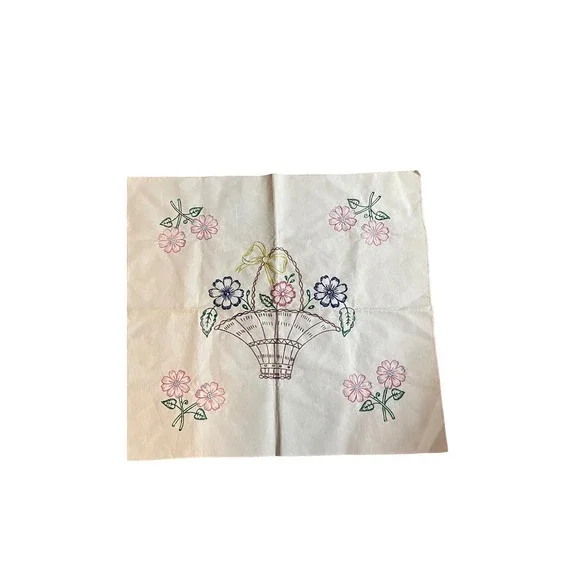 Vintage Square Hand Embroidered‎ White Cotton tablecloth Floral Basket Stains