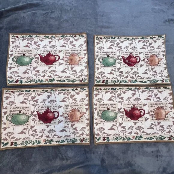 Set Of 4 Vintage Teapot Tapestry Placemats With Herb Motifs‎ Cottagecore