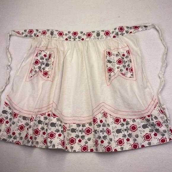 Vintage Half Apron White Red Gray Floral Pocket Kitchen Hostess Apron‎