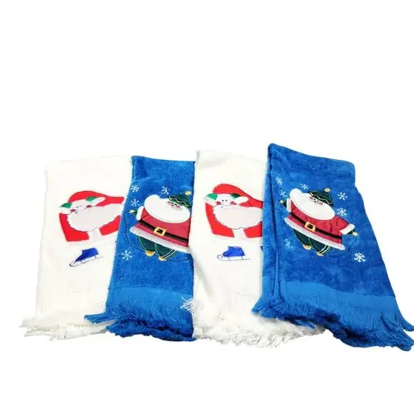 Sports Santa Claus Skating & Jump Roping Christmas Themed Kitchen Tea Towels 4pc
