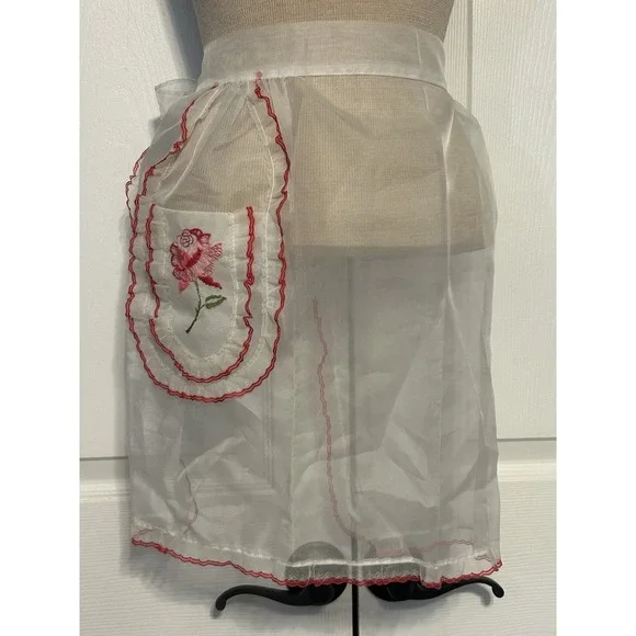 Vintage‎ Handmade Sheer Kitchen Apron Floral Rose White Red Trim