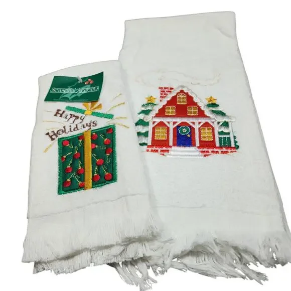 Christmas House & Happy Holidays Christmas Present Themed Finger-Tea Towels 2pc